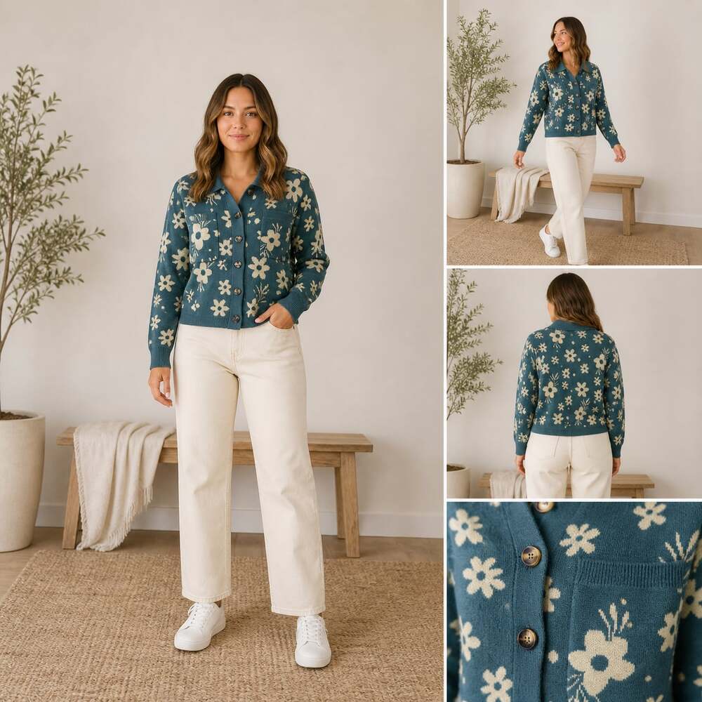 Baevely Green Floral Knit Cardigan Button Down Sweater Size L Cozy